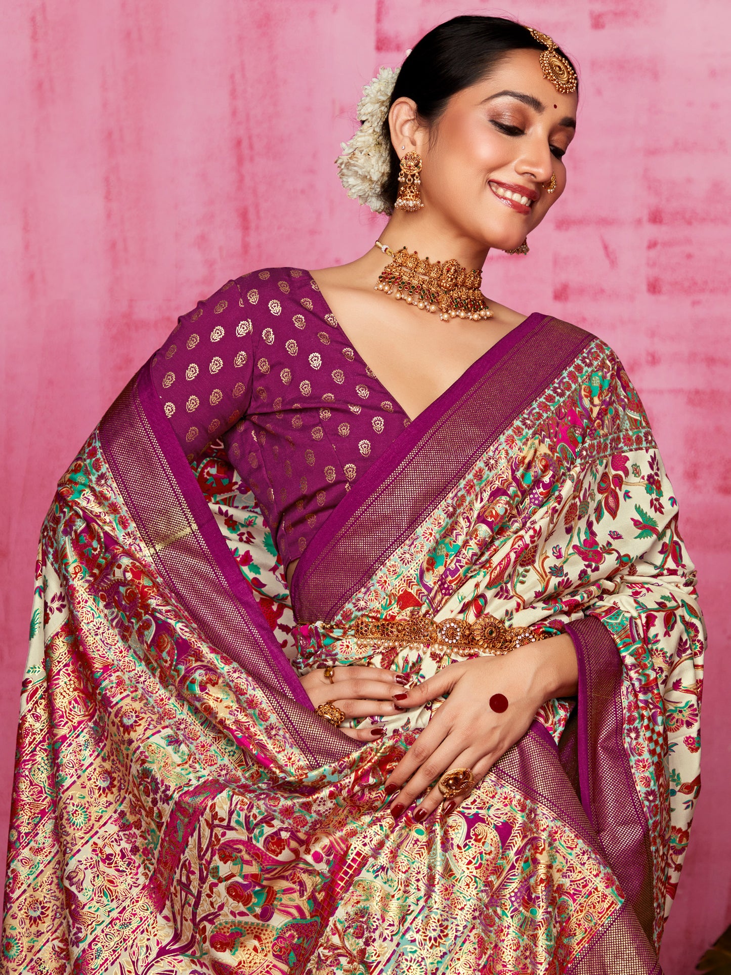 Women's Tussar Silk Cream Printed Designer Saree With Blouse Piece