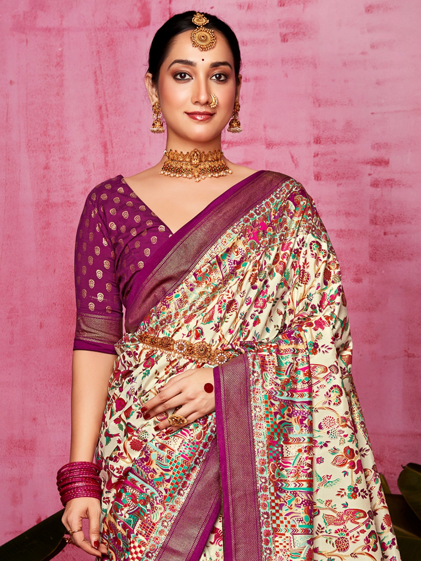 Women's Tussar Silk Cream Printed Designer Saree With Blouse Piece