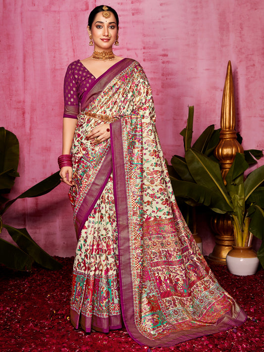 Women's Tussar Silk Cream Printed Designer Saree With Blouse Piece
