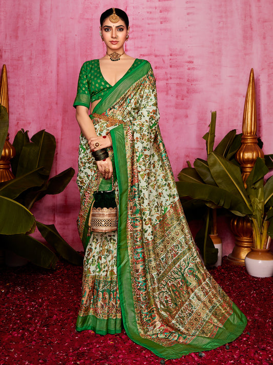 Women's Tussar Silk Cream Printed Designer Saree With Blouse Piece