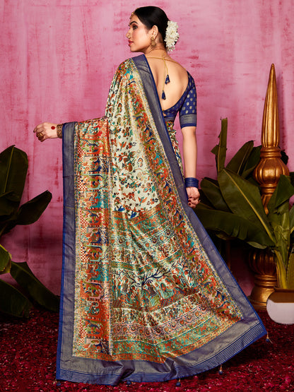 Women's Tussar Silk Cream Printed Designer Saree With Blouse Piece
