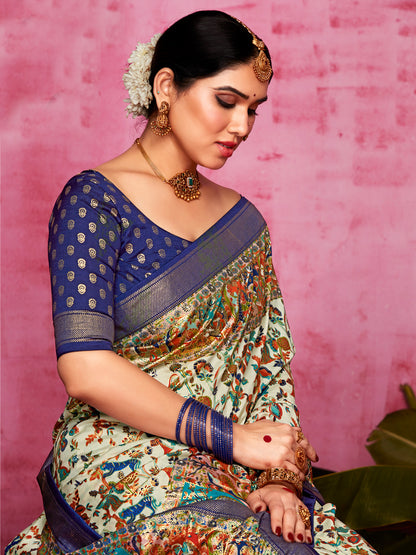 Women's Tussar Silk Cream Printed Designer Saree With Blouse Piece
