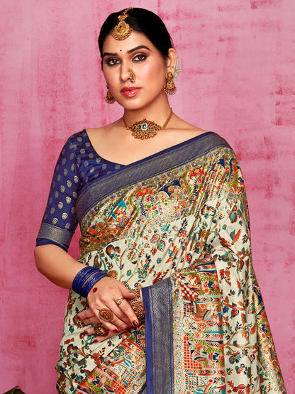 Women's Tussar Silk Cream Printed Designer Saree With Blouse Piece