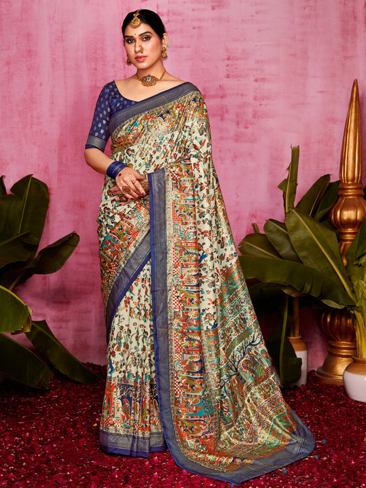 Women's Tussar Silk Cream Printed Designer Saree With Blouse Piece