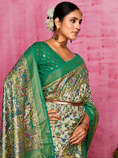 Women's Tussar Silk Cream Printed Designer Saree With Blouse Piece