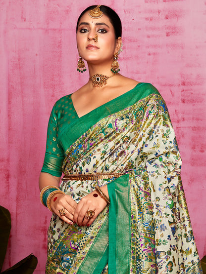 Women's Tussar Silk Cream Printed Designer Saree With Blouse Piece