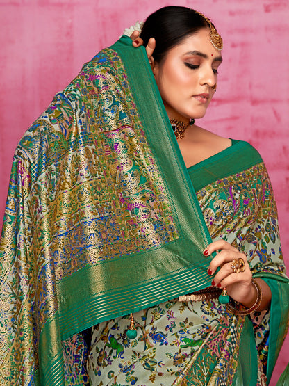 Women's Tussar Silk Cream Printed Designer Saree With Blouse Piece