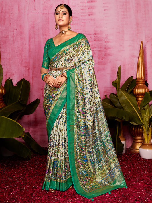 Women's Tussar Silk Cream Printed Designer Saree With Blouse Piece