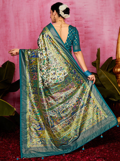 Women's Tussar Silk Cream Printed Designer Saree With Blouse Piece