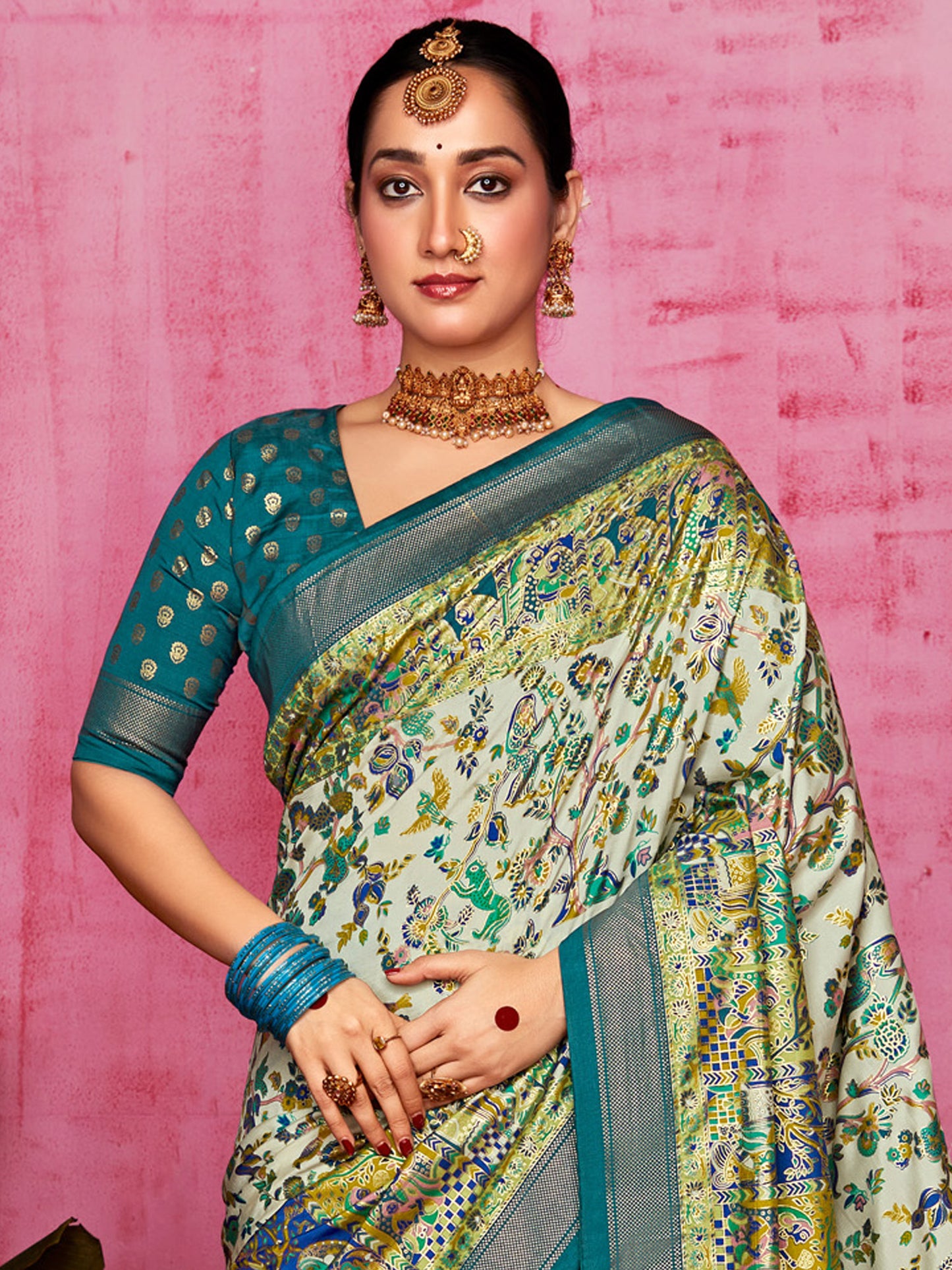 Women's Tussar Silk Cream Printed Designer Saree With Blouse Piece