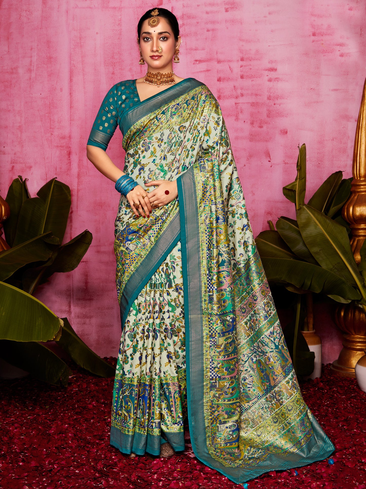 Women's Tussar Silk Cream Printed Designer Saree With Blouse Piece
