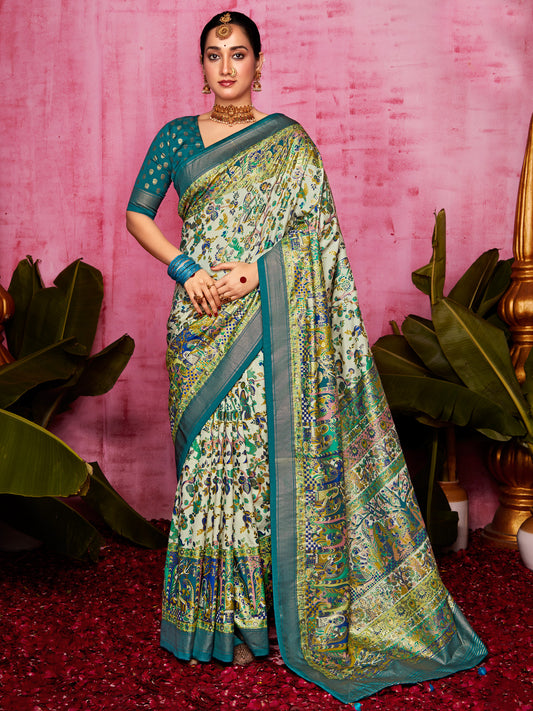 Women's Tussar Silk Cream Printed Designer Saree With Blouse Piece