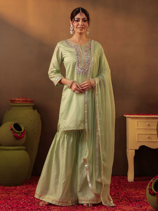 Dhiyona SC Floral Embroidered Gotta Patti Straight Kurta with Sharara & Dupatta