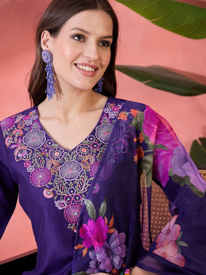 Dhiyona SN Women's Purple Floral Embroidered V-Neck Sequinned Straight Kurta With Trousers & Dupatta