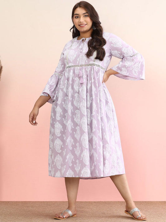 Dhiyona AY Women's Plus Size Ethnic Motifs Printed Tie-Up Neck Pure Cotton A-Line Dress