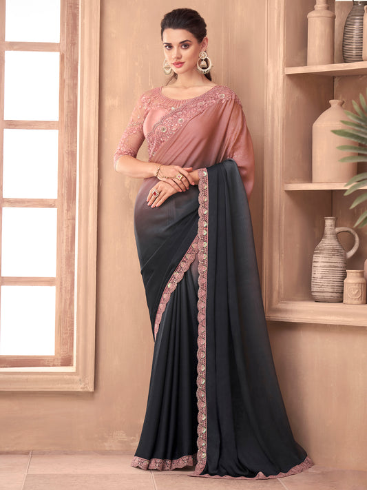 Women's Chiffon Grey Embellished Designer Saree With Blouse Piece