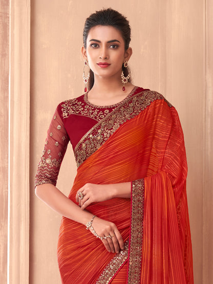 Women's Georgette Orange Embellished Designer Saree With Blouse Piece
