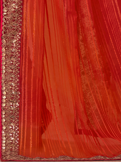 Women's Georgette Orange Embellished Designer Saree With Blouse Piece