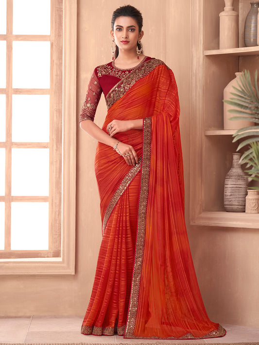 Women's Georgette Orange Embellished Designer Saree With Blouse Piece