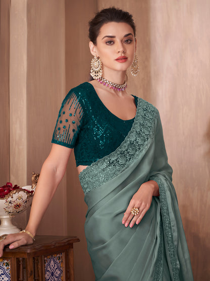 Women's Silk Blend Sea Green Embellished Designer Saree With Blouse Piece