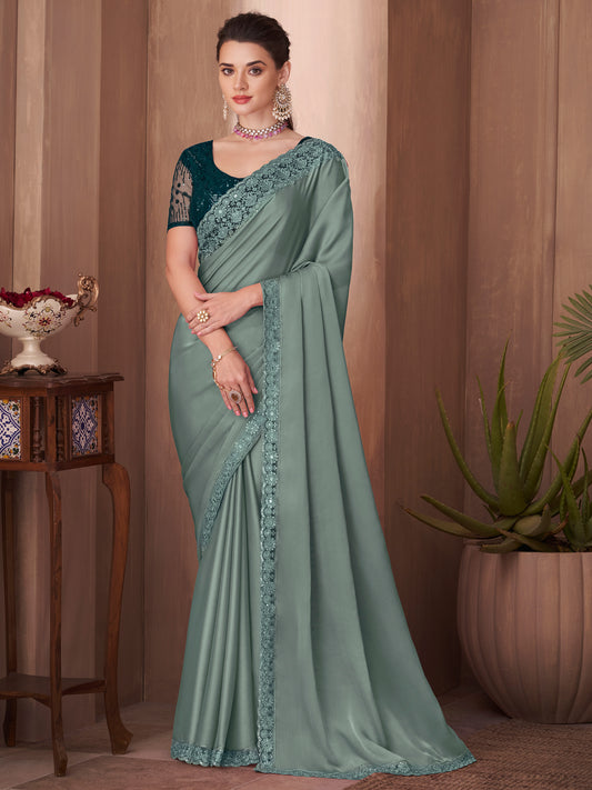 Women's Silk Blend Sea Green Embellished Designer Saree With Blouse Piece