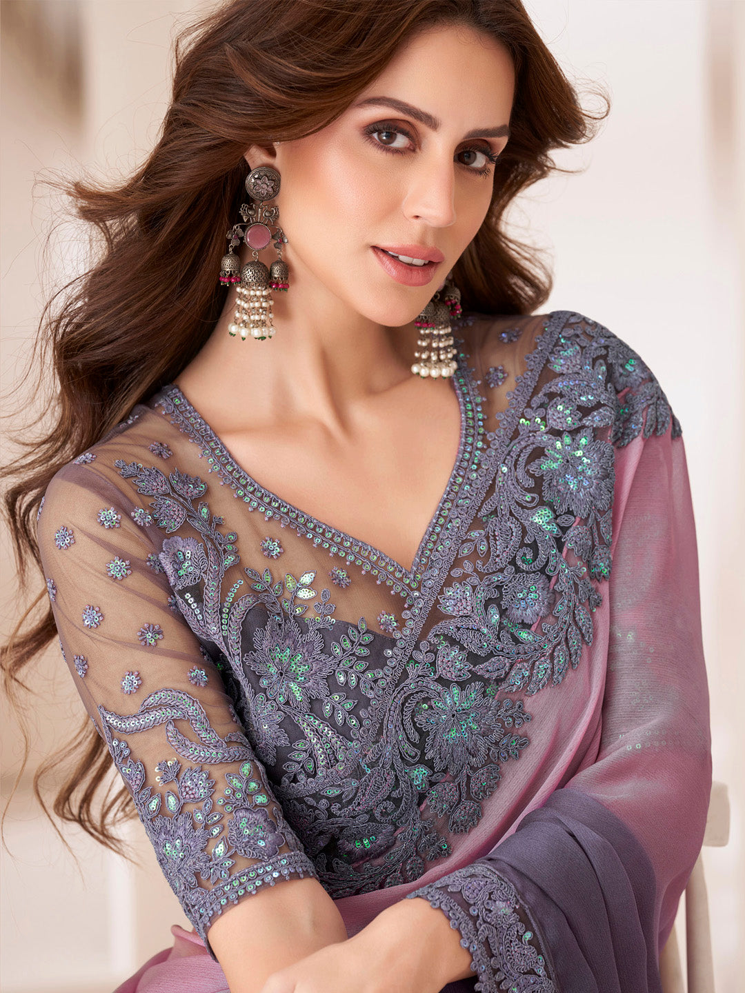 Women's Pure Chiffon Violet Embellished Designer Saree With Blouse Piece