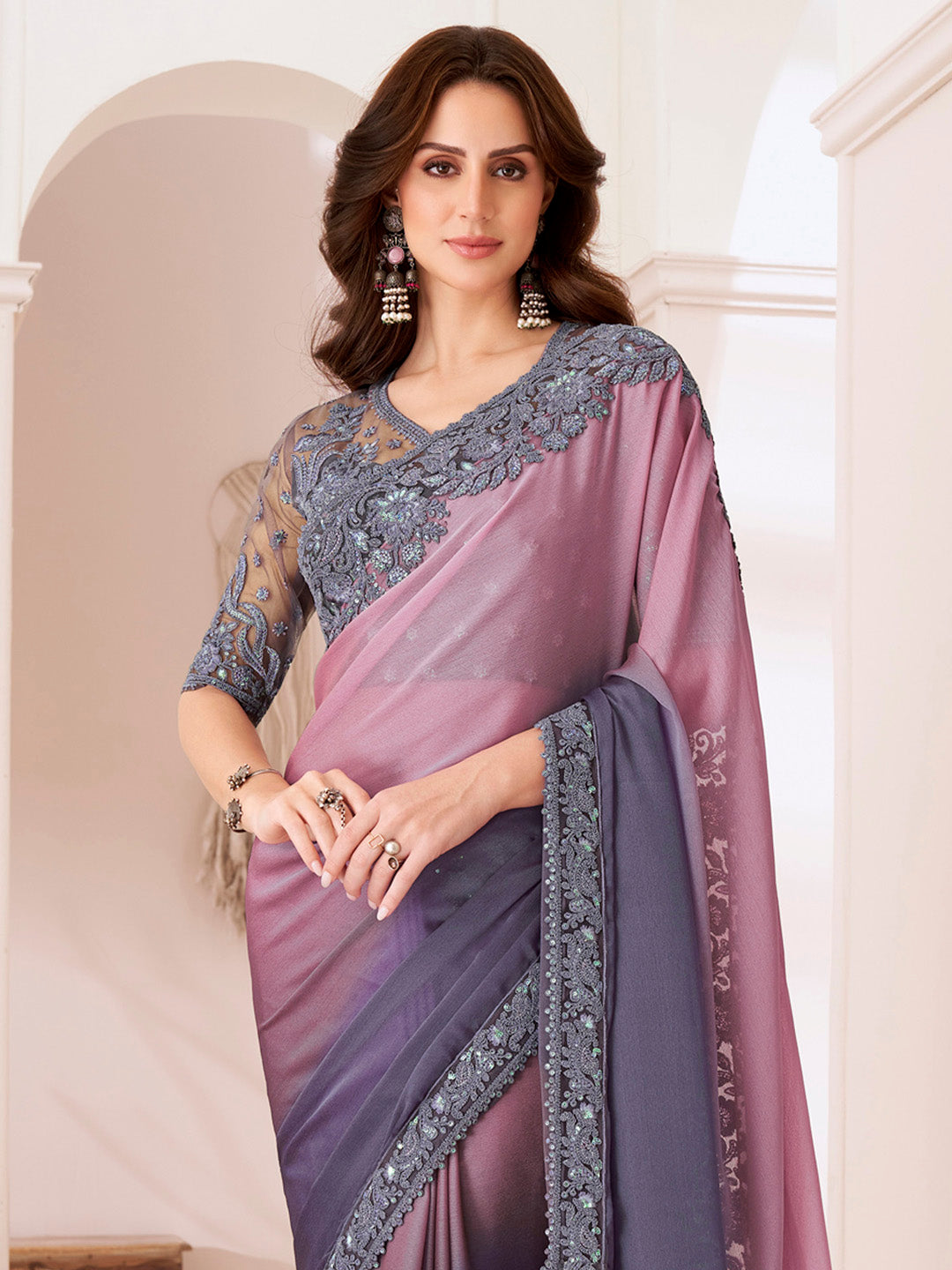 Women's Pure Chiffon Violet Embellished Designer Saree With Blouse Piece
