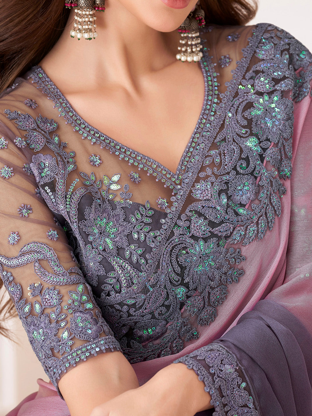 Women's Pure Chiffon Violet Embellished Designer Saree With Blouse Piece