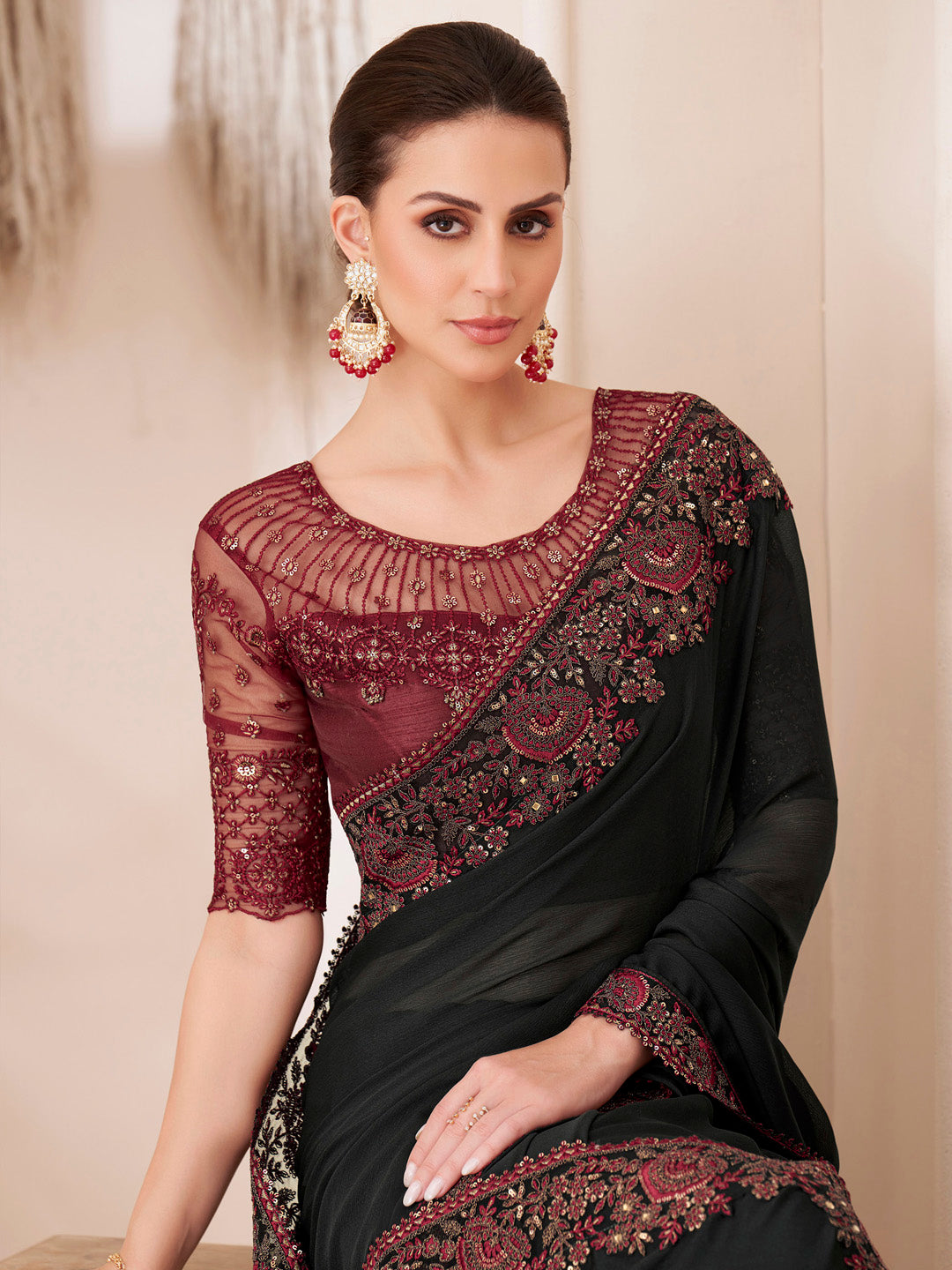 Women's Pure Chiffon Maroon Embellished Designer Saree With Blouse Piece