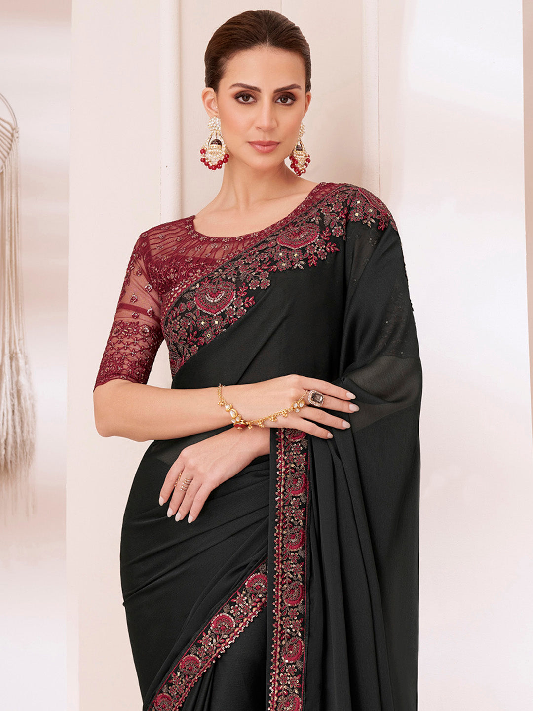 Women's Pure Chiffon Maroon Embellished Designer Saree With Blouse Piece
