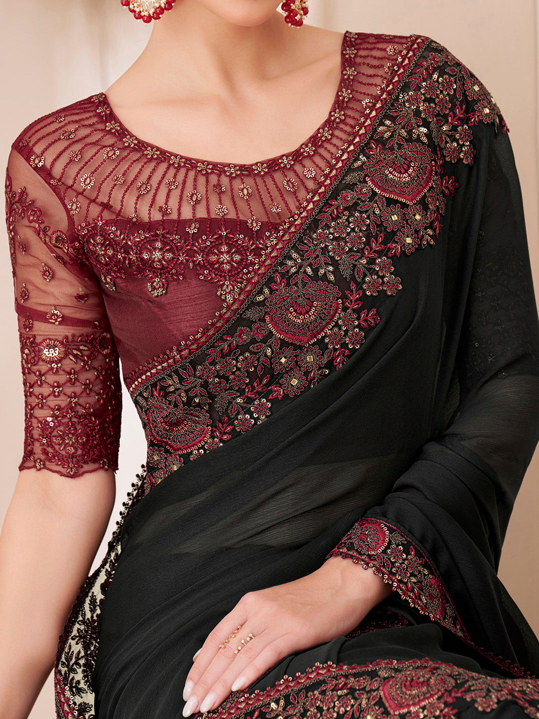 Women's Pure Chiffon Maroon Embellished Designer Saree With Blouse Piece
