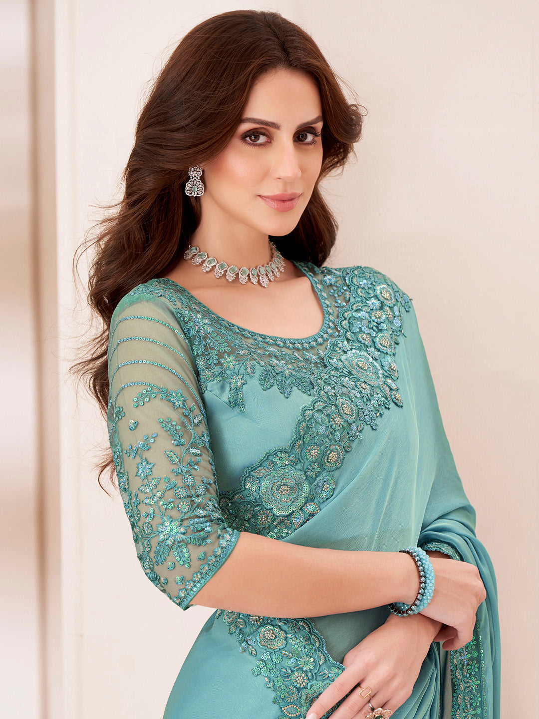 Women's Pure Georgette Turquoise Embellished Designer Saree With Blouse Piece