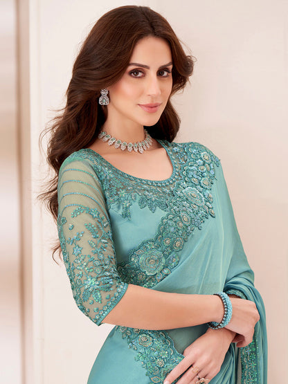 Women's Pure Georgette Turquoise Embellished Designer Saree With Blouse Piece