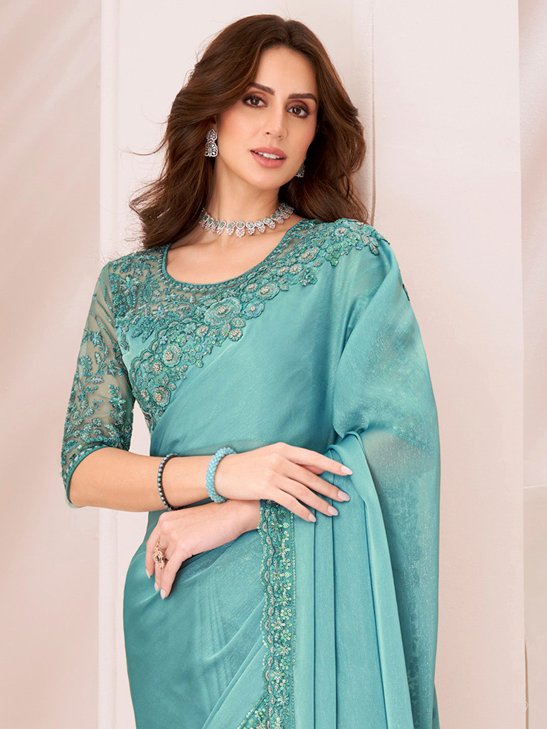 Women's Pure Georgette Turquoise Embellished Designer Saree With Blouse Piece