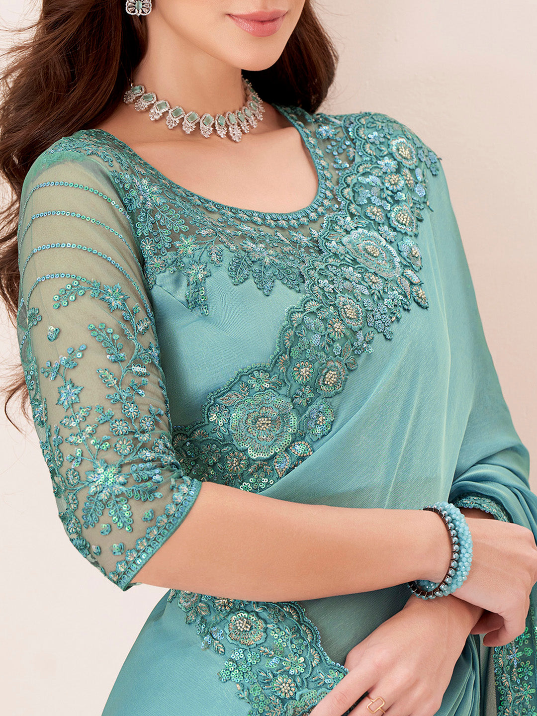 Women's Pure Georgette Turquoise Embellished Designer Saree With Blouse Piece