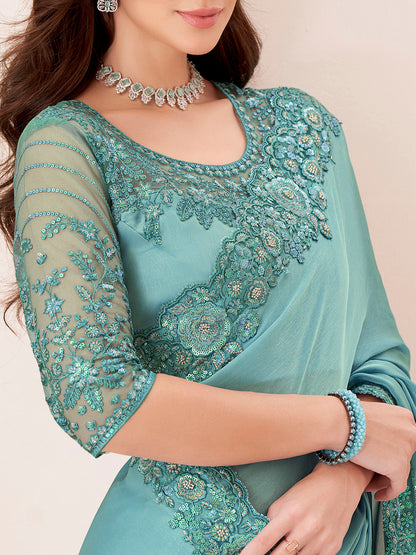 Women's Pure Georgette Turquoise Embellished Designer Saree With Blouse Piece
