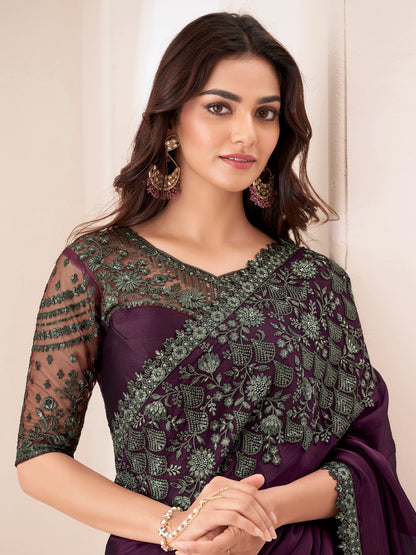 Women's Pure Chiffon Magenta Embellished Designer Saree With Blouse Piece
