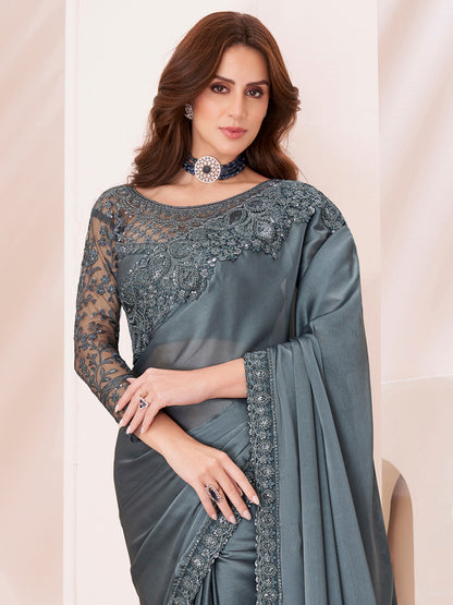 Women's Pure Georgette Grey Embellished Designer Saree With Blouse Piece