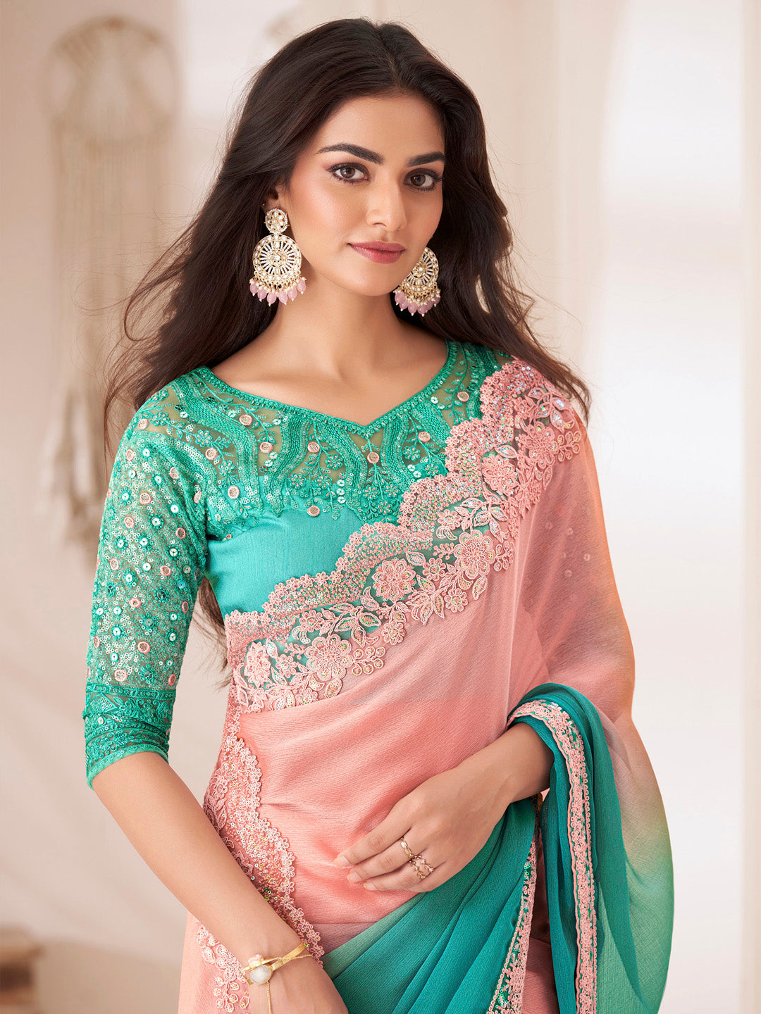 Women's Pure Chiffon Turquoise Embellished Designer Saree With Blouse Piece