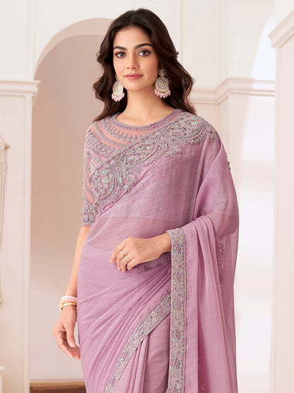 Women's Pure Chiffon Pink Embellished Designer Saree With Blouse Piece