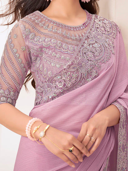 Women's Pure Chiffon Pink Embellished Designer Saree With Blouse Piece