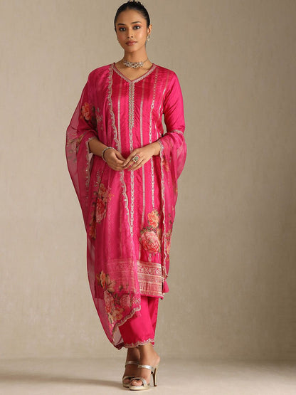 Dhiyona SO Women's Floral Woven Design V-Neck Sequinned Straight Kurta With Trousers And Dupatta