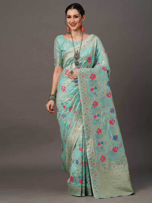 Women's Organza Blue Woven Design Designer Saree With Blouse Piece