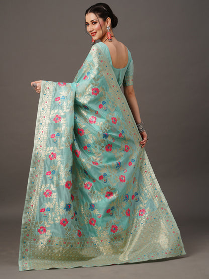 Women's Organza Blue Woven Design Designer Saree With Blouse Piece