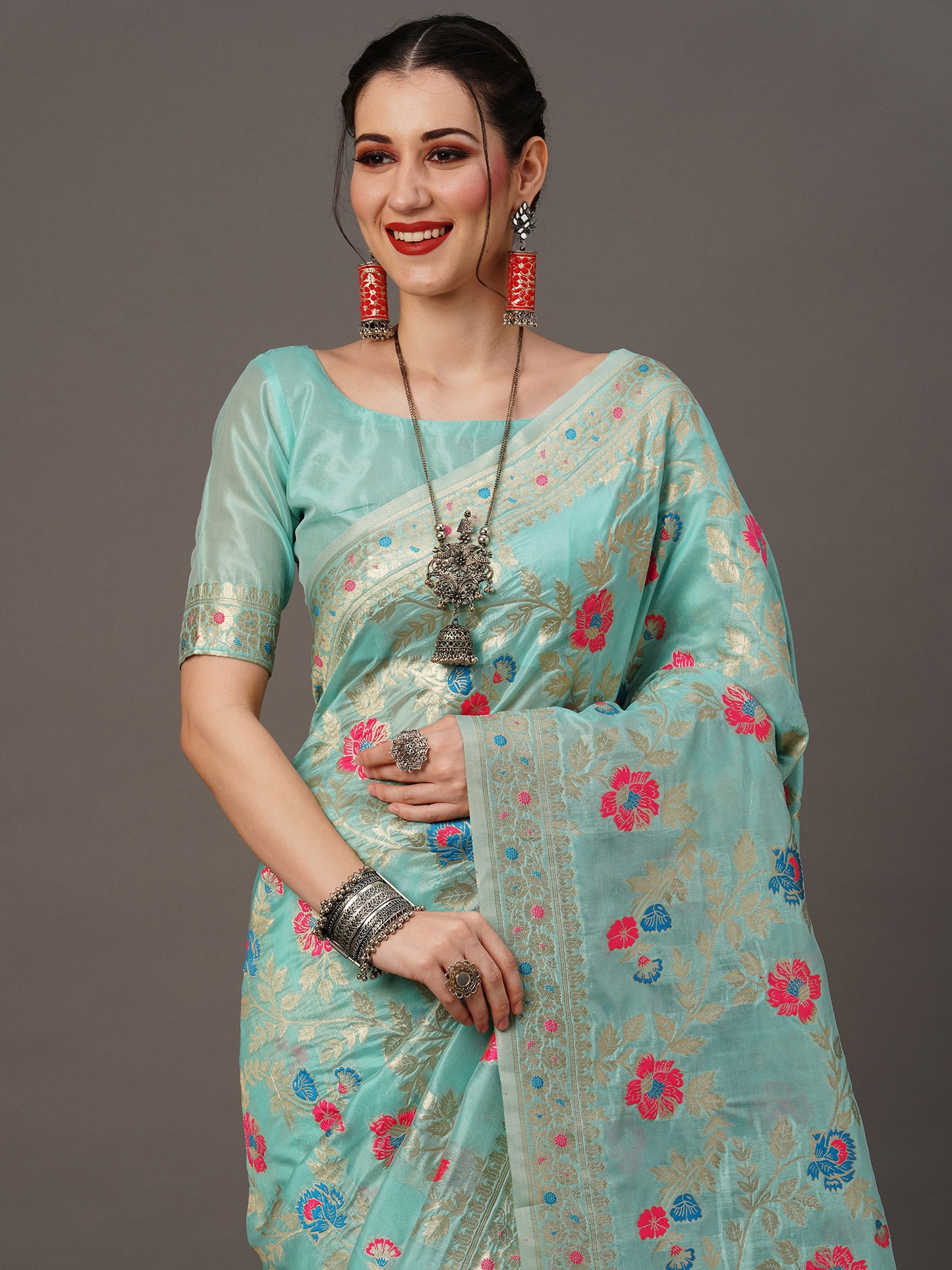 Women's Organza Blue Woven Design Designer Saree With Blouse Piece