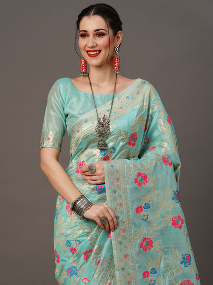 Women's Organza Blue Woven Design Designer Saree With Blouse Piece