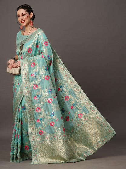 Women's Organza Blue Woven Design Designer Saree With Blouse Piece