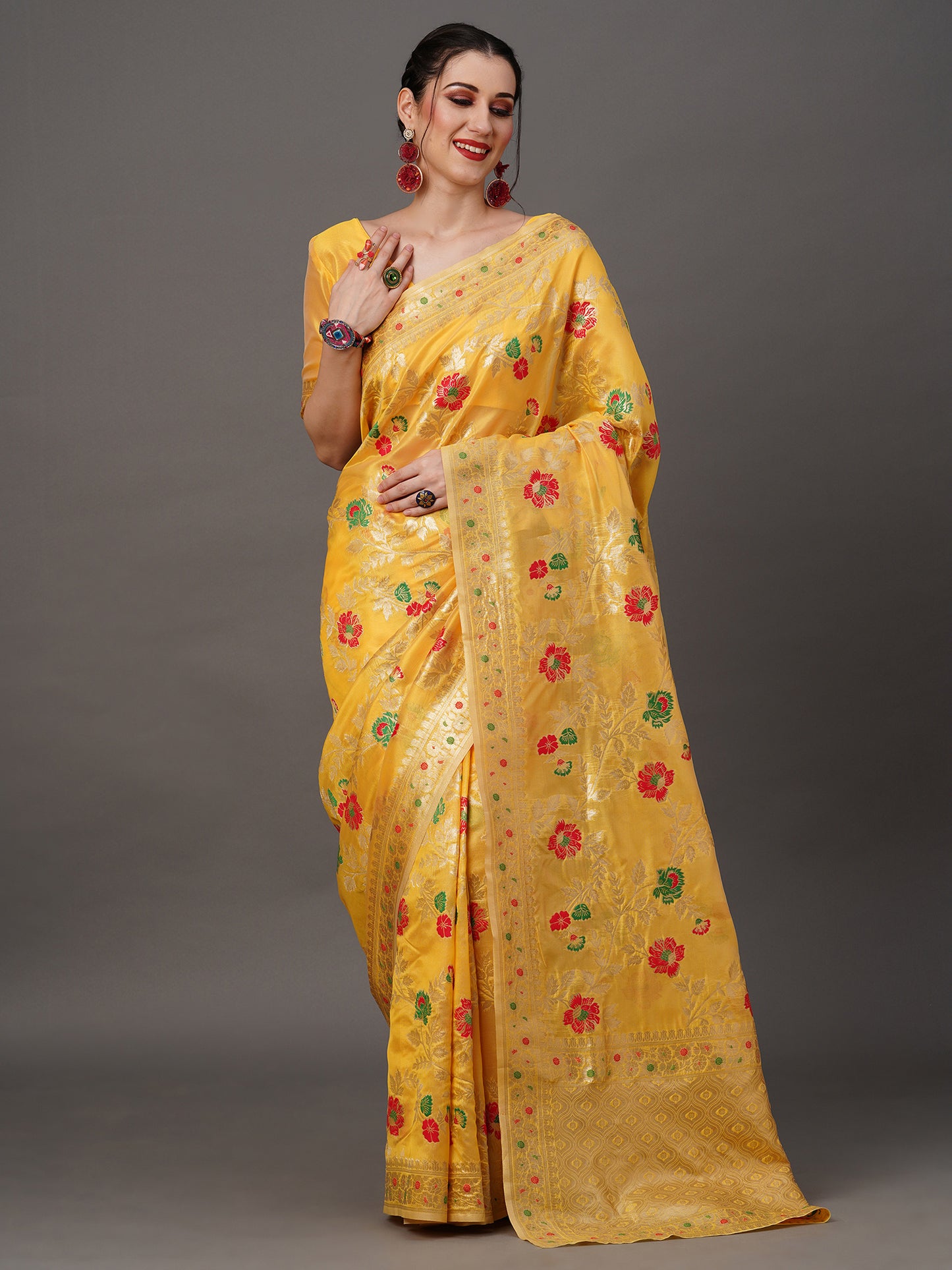Women's Organza Yellow Woven Design Designer Saree With Blouse Piece