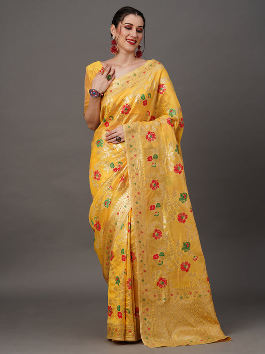 Women's Organza Yellow Woven Design Designer Saree With Blouse Piece