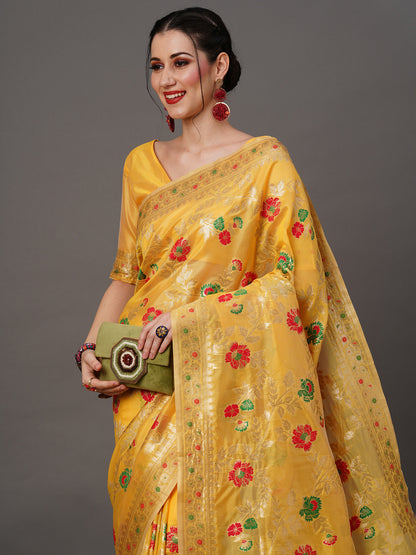 Women's Organza Yellow Woven Design Designer Saree With Blouse Piece